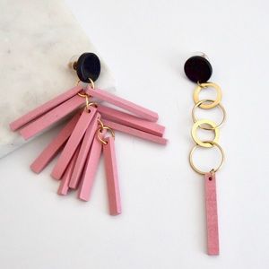 Wood Fringe Asymmetrical Statement Earrings